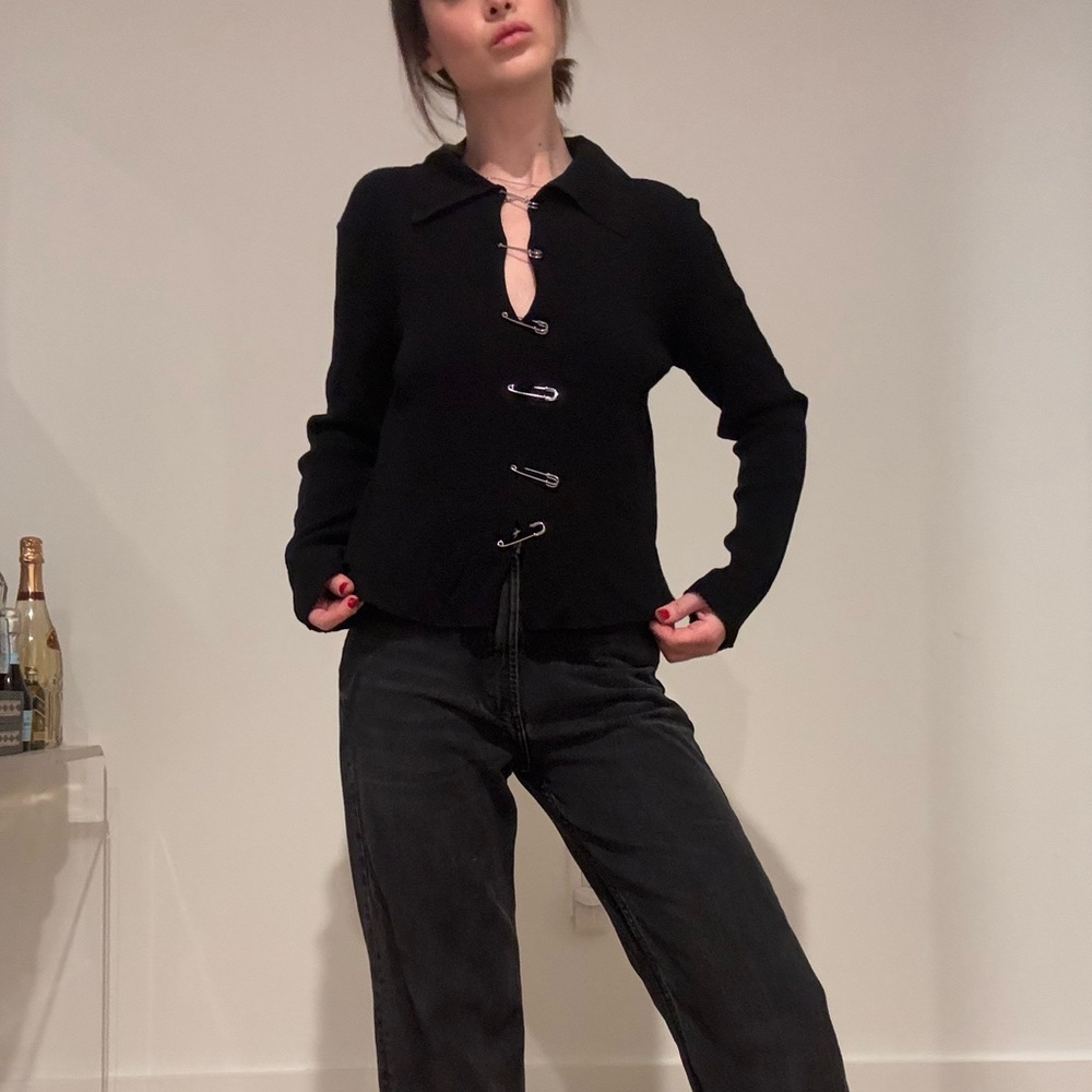 Women's Black Safety-pin Embellished Stretch-knit Polo Shirt